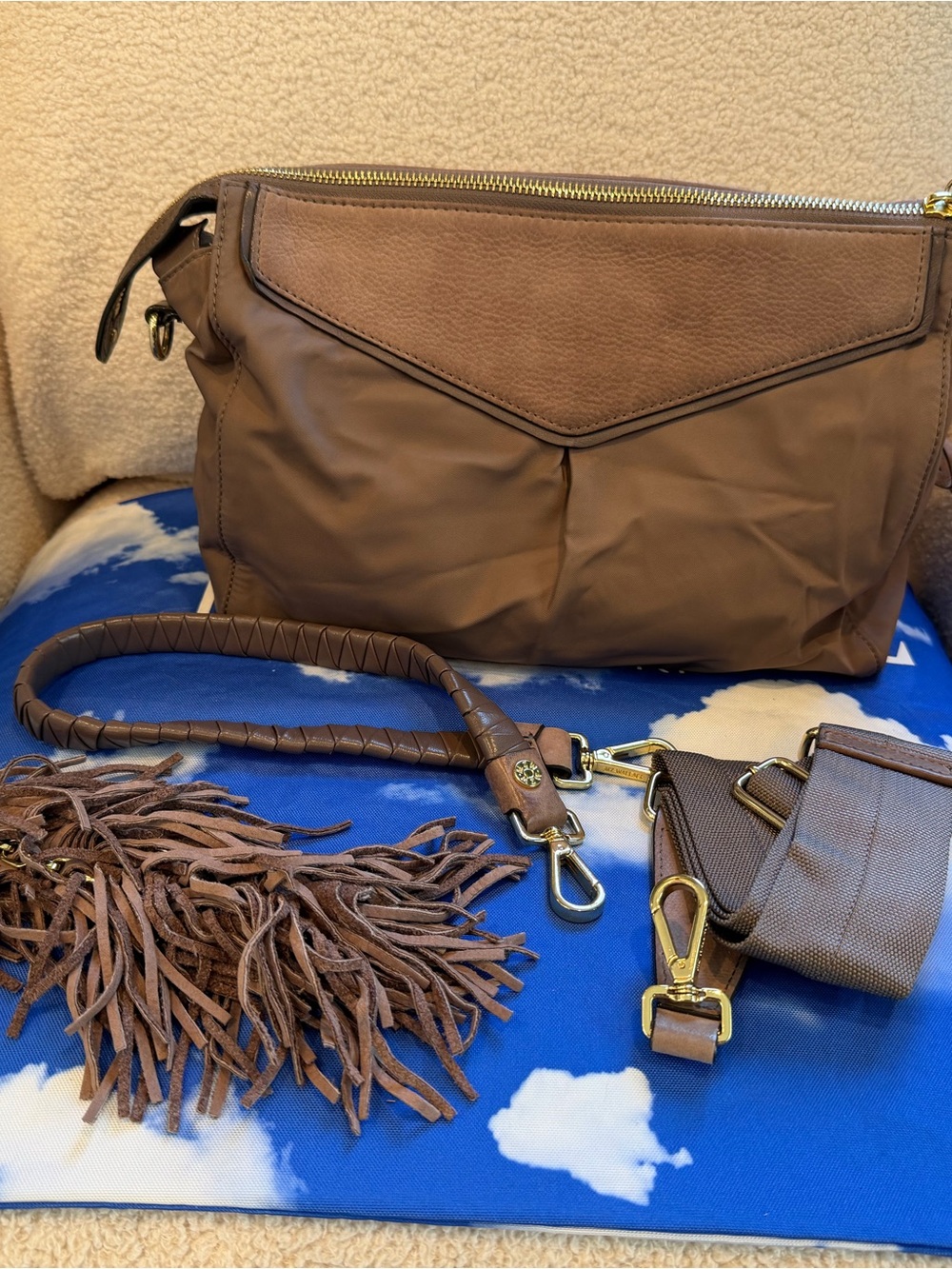 MZ Wallace Thompson Hobo Crossbody Bag with Fringe Bag Charm in Mushroom